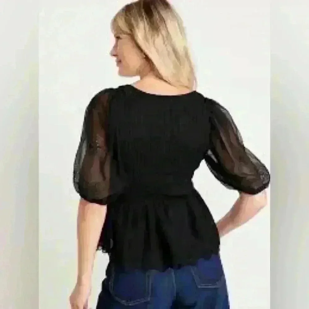 NWT Old Navy Chiffon Smocked Puffed Sleeve Top ~ Black ~ XL